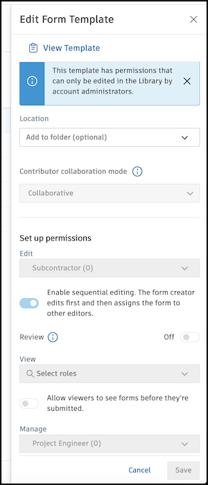 Project template level permissions screenshot