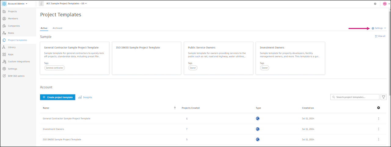 Project template settings