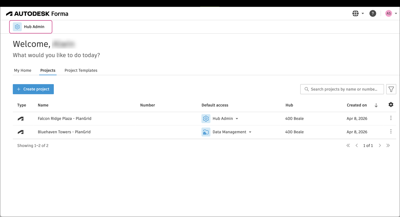 Hub Admin in the project list