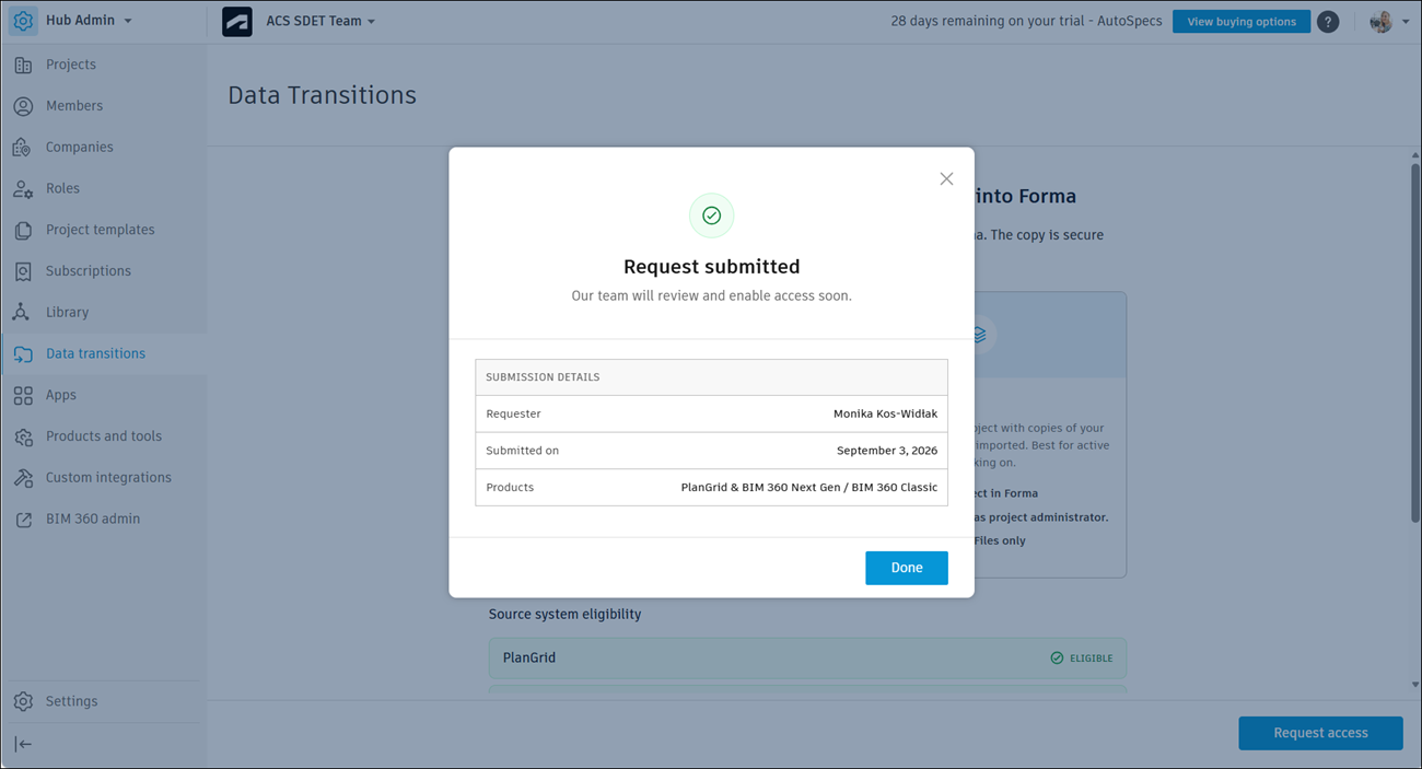 Request submitted confirmation