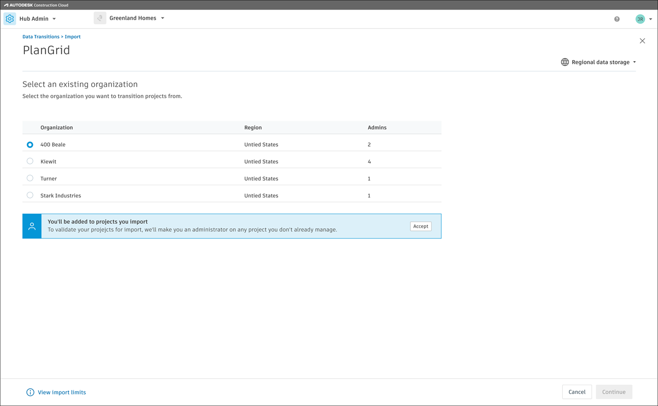 Select an existing organization