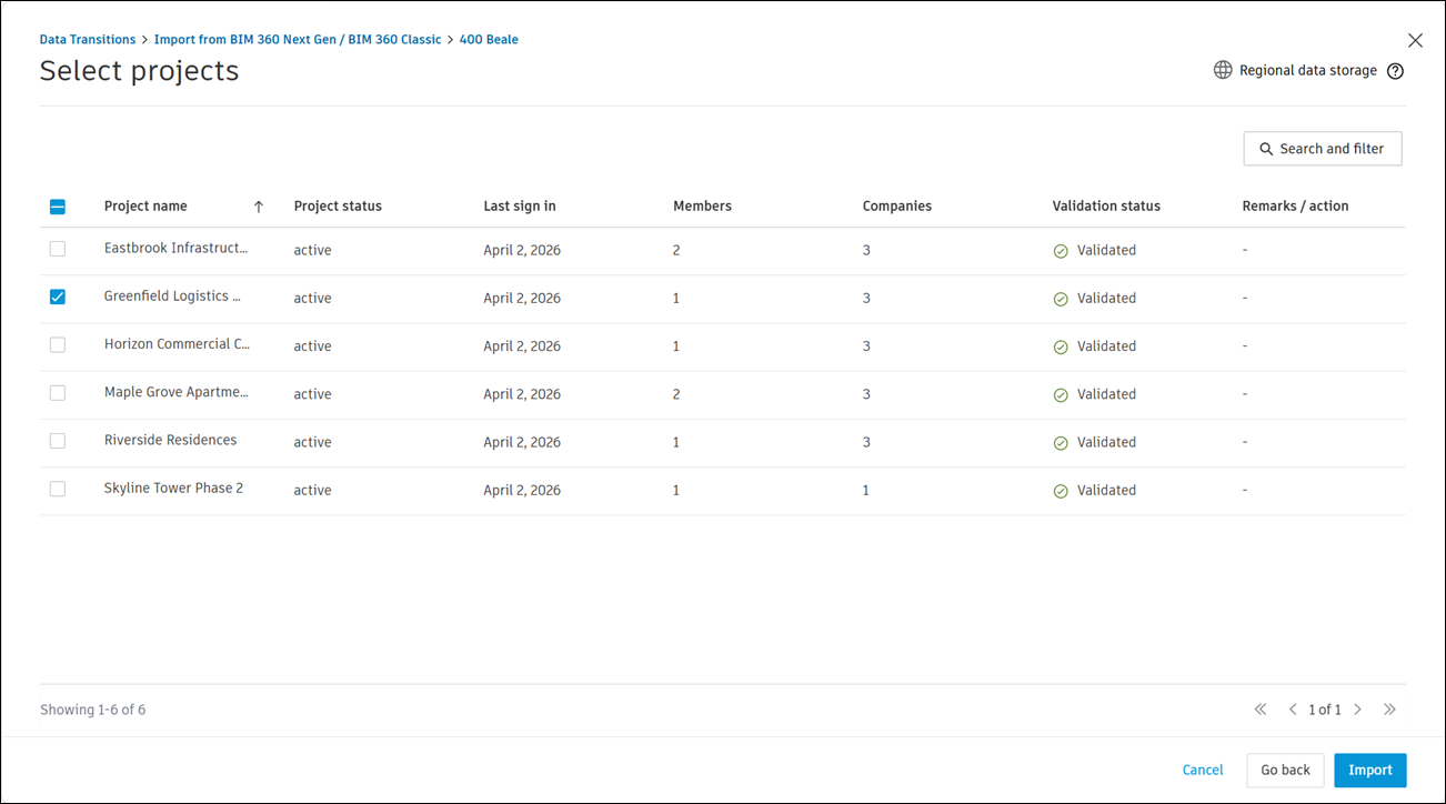 Select Projects to Import