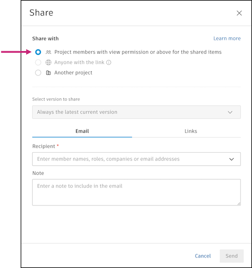 Share modal select project members