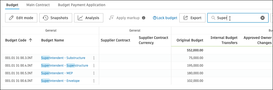 Budget and Contract Overview showing the new quick search field