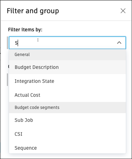 Filter and group flyout showing search functionality within dropdown components