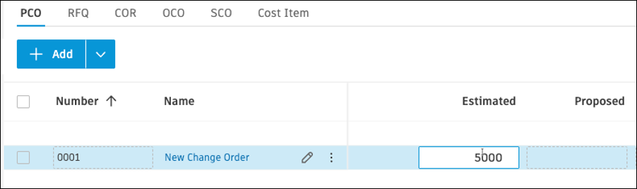 Potential Change Order creation interface showing option to create without mandatory cost items