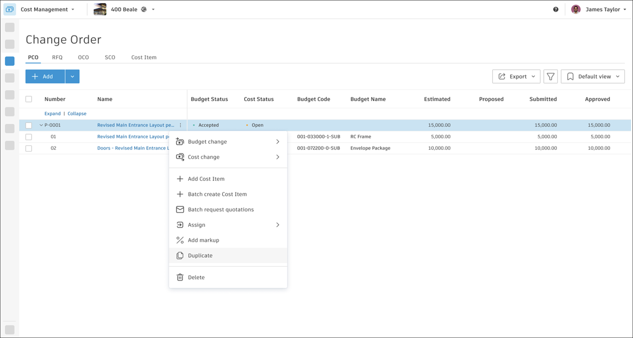 PCO more menu showing the duplicate option