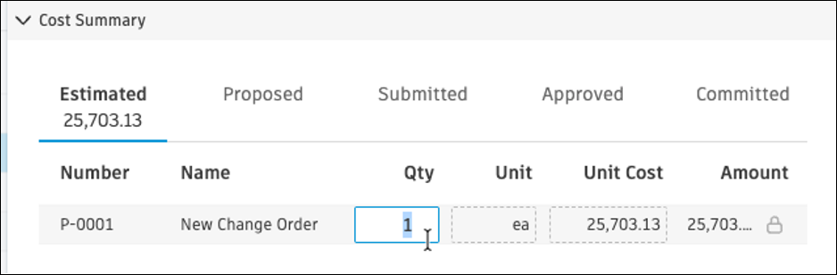Change order interface showing editable quantity and unit fields