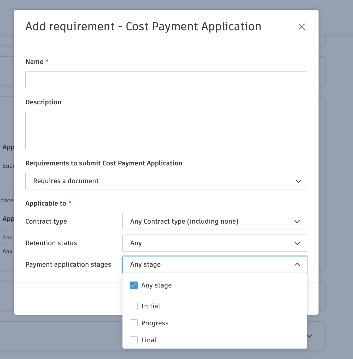Payment stage-based compliance settings showing dropdown options for different payment stages