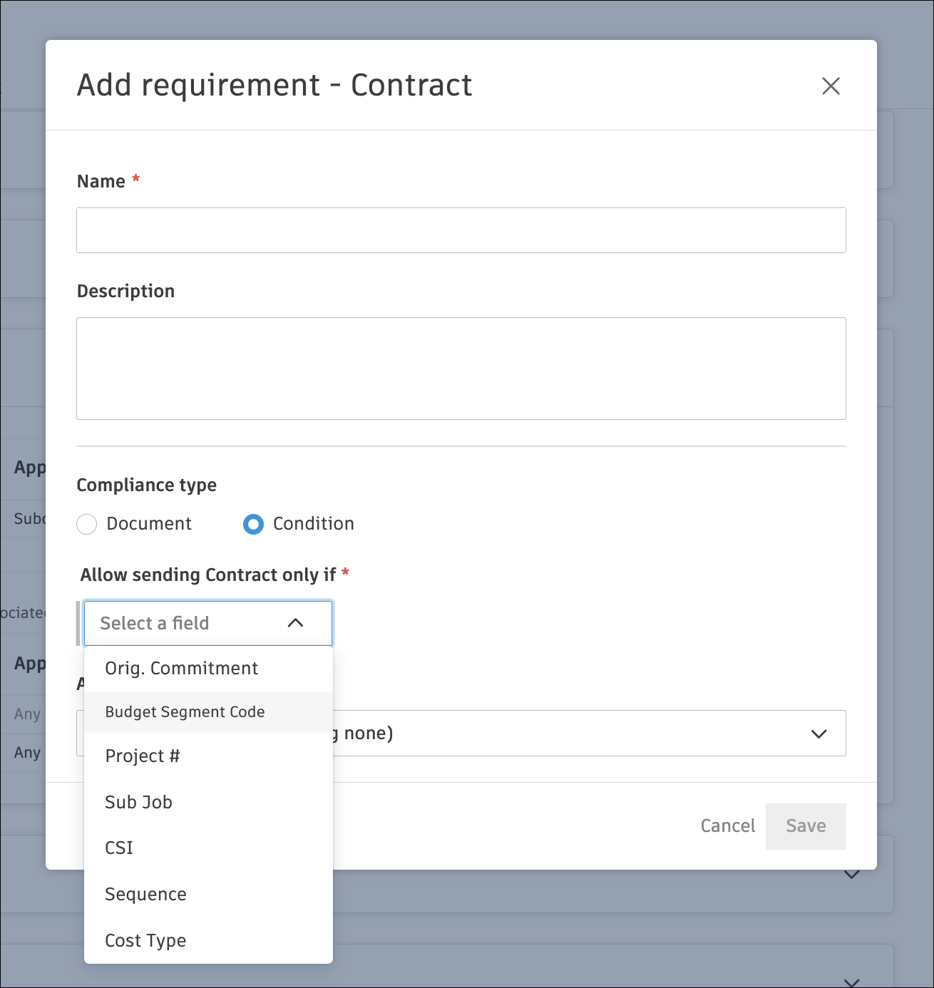 Compliance condition settings showing budget code segment type options