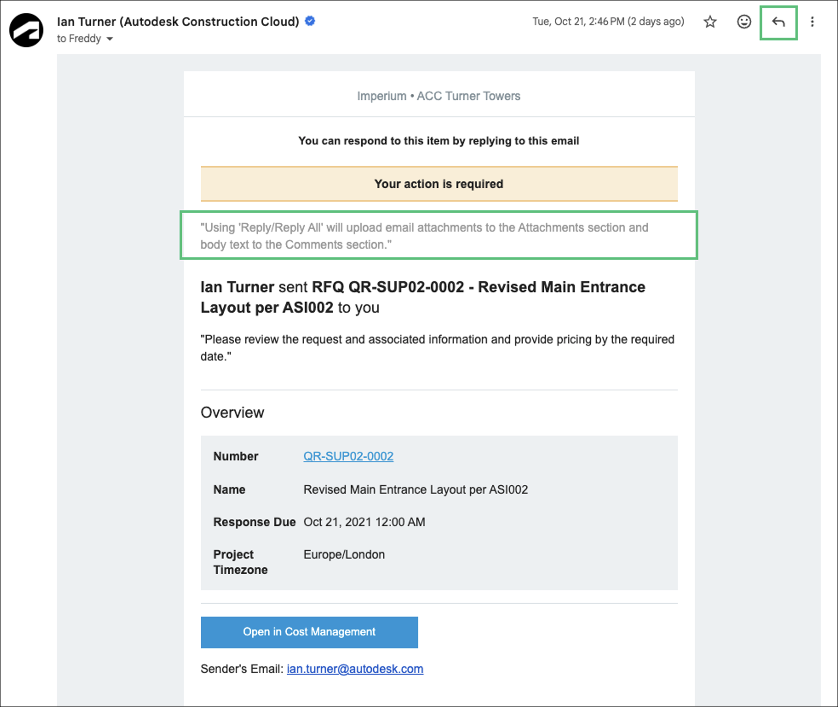 Email reply interface showing automatic document capture functionality