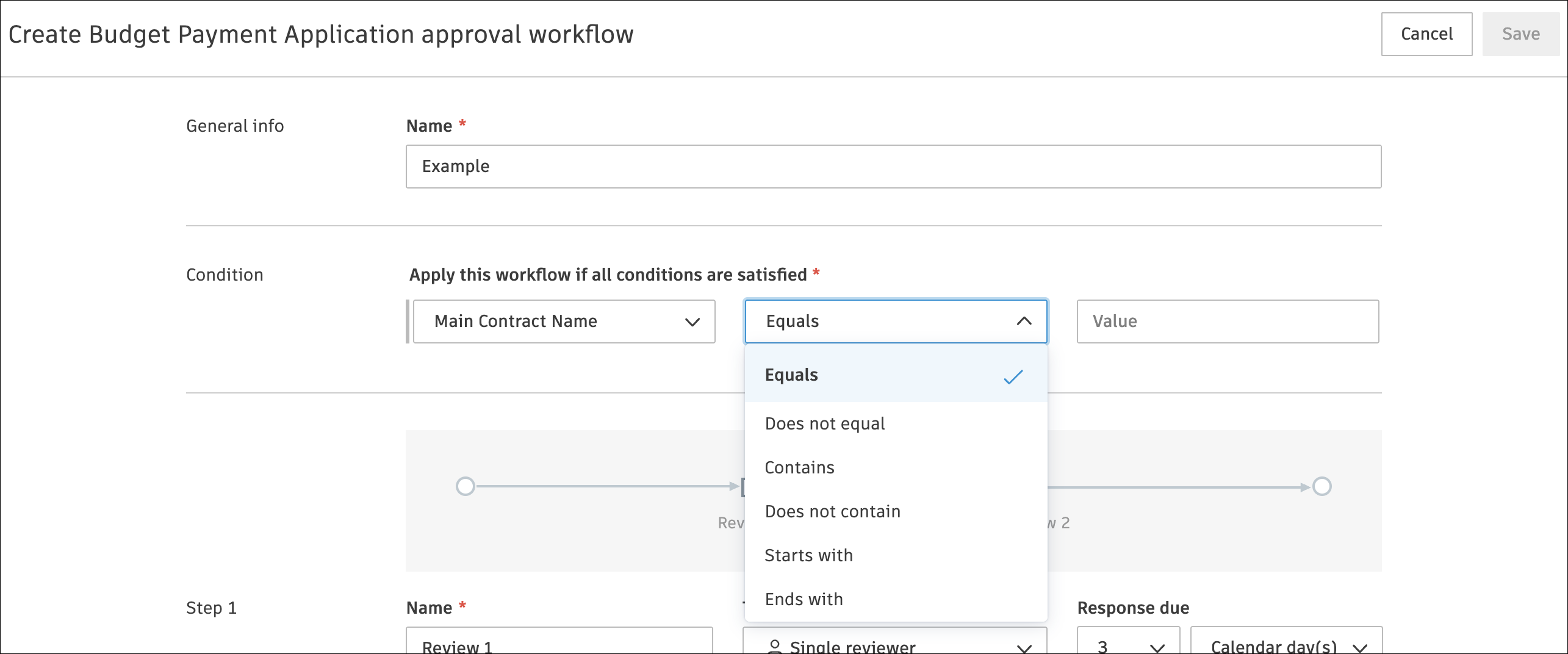 Payment application approval workflow settings showing Main Contract Name condition option