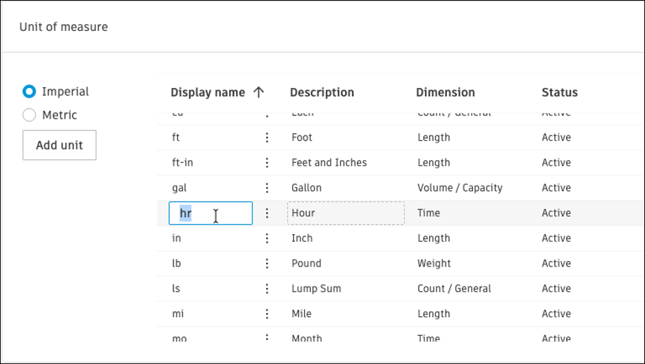 Time-based unit of measure settings showing customizable unit names