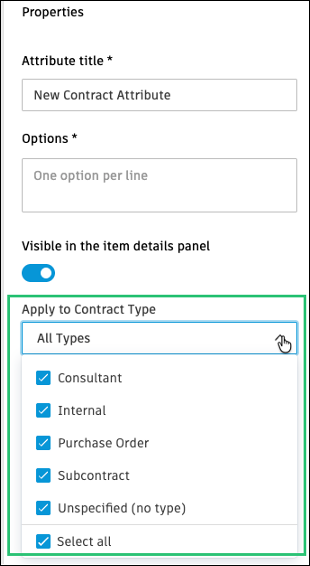 Custom attributes settings showing contract type selection options