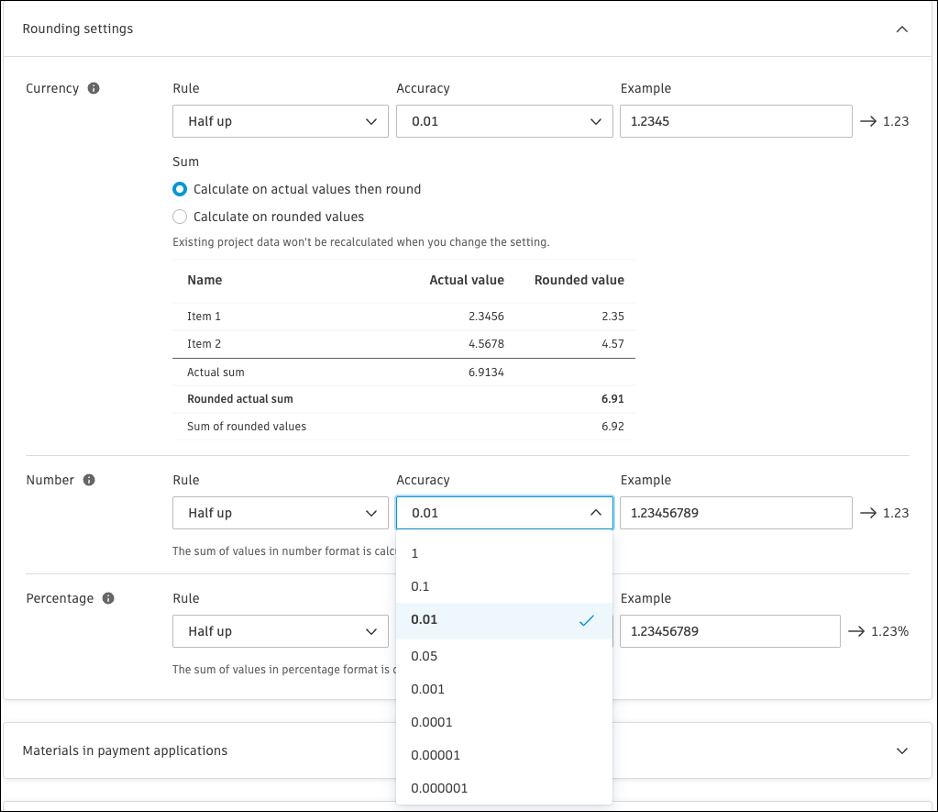 Decimal places settings showing options for up to 6 decimal places for numbers and percentages