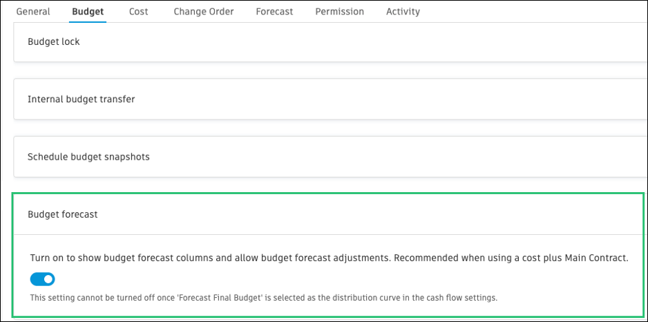 Budget forecast setting to turn on new columns