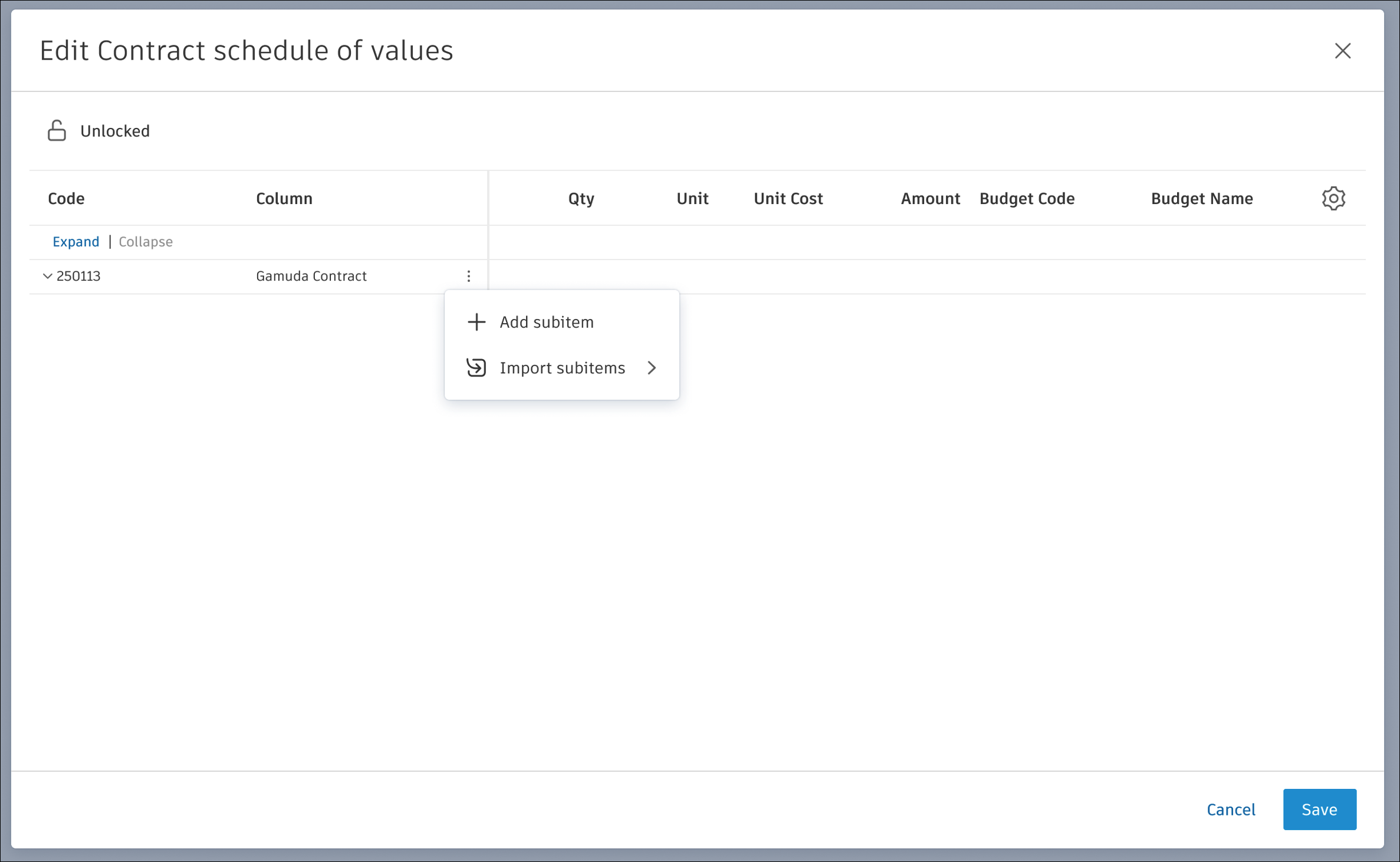 Edit Contract Schedule of Values