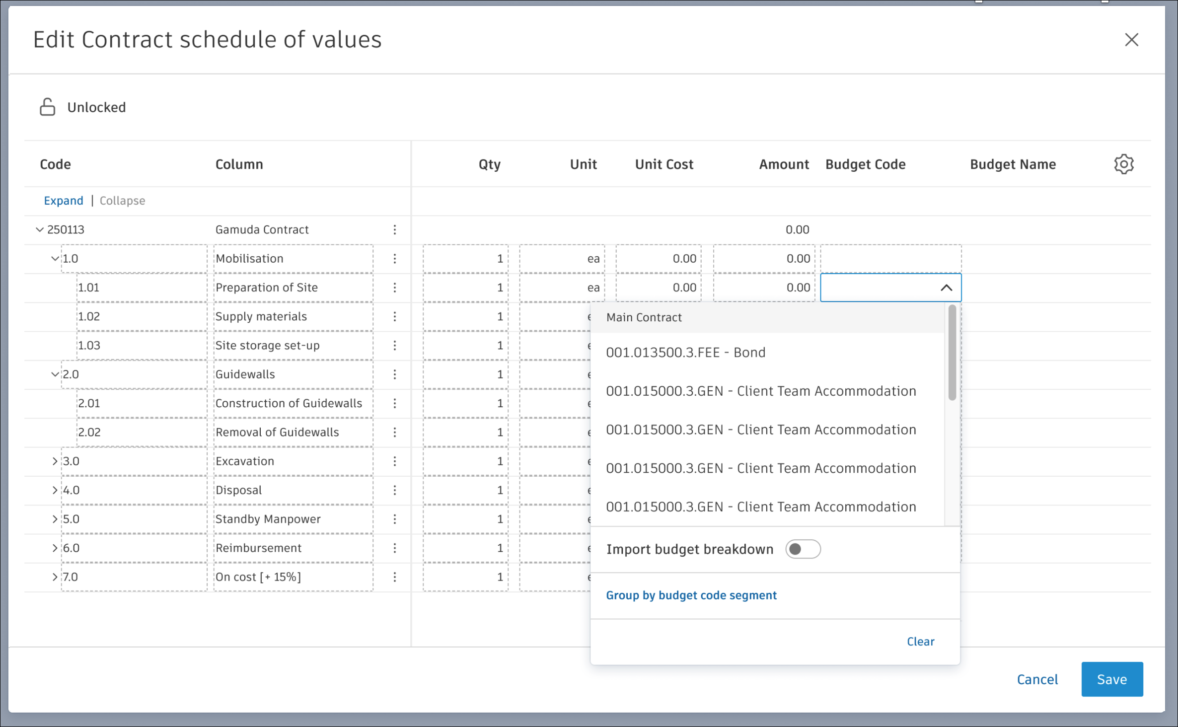 Budget Code Drop-Down
