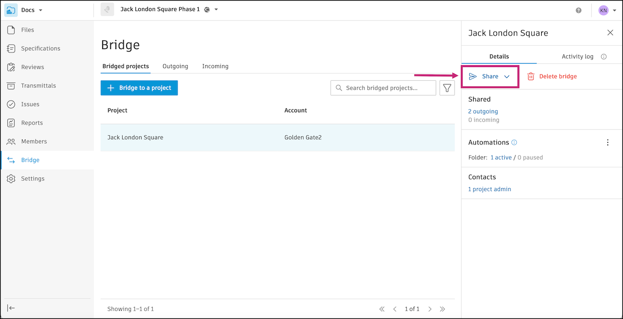 Share bridged projects interface