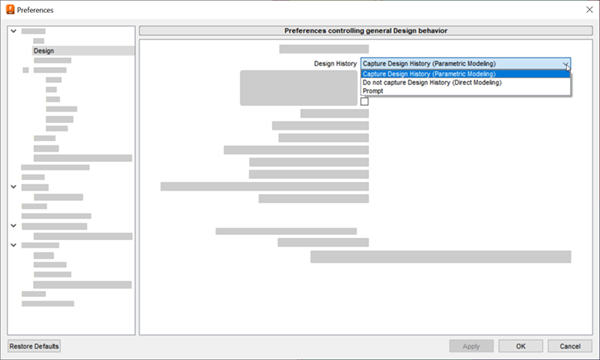 preferences dialog - design history