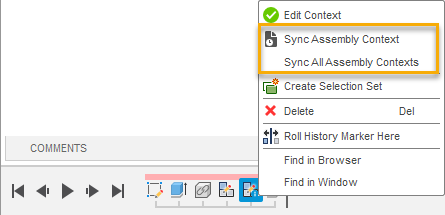 sync assembly contexts timeline menu