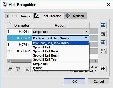 hole recognition dialog - hole groups tab - actions - store template