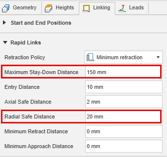 Leads and Links dialog with the Maximum Stay-Down Distance and Radial Safe Distance adjusted