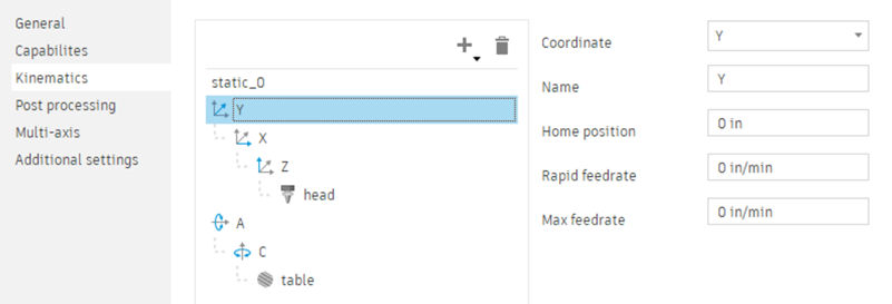 Kinematics tab - axis and home position settings