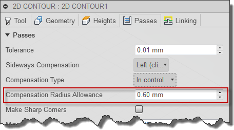 2d contour dialog passes tab - compensation radius allowance