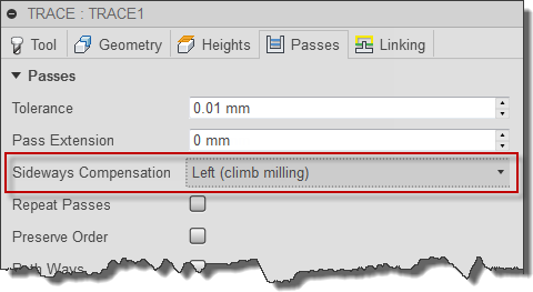 trace dialog passes tab - sideways compensation