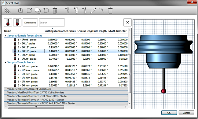 select tool dialog - probe tool library