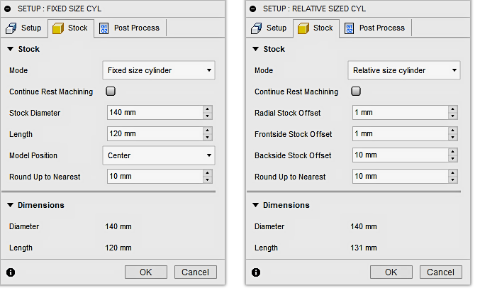 setup dialog stock tab - cylindrical stock options