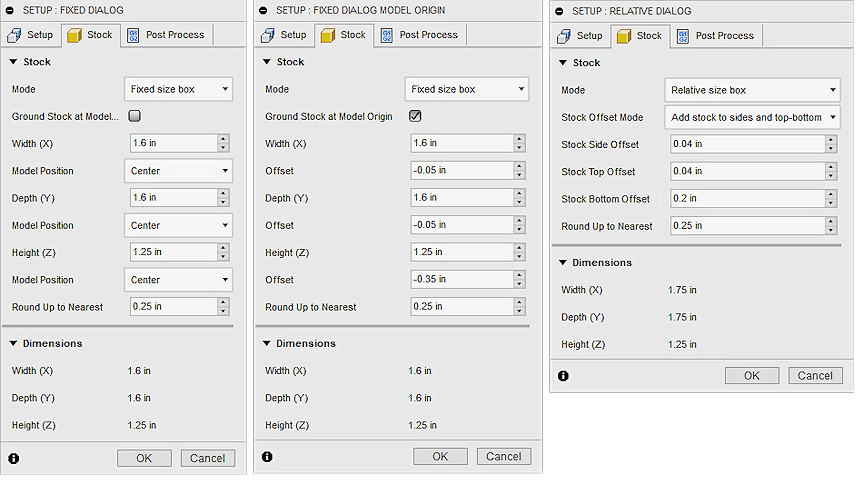 setup dialog stock tab - cubic stock options