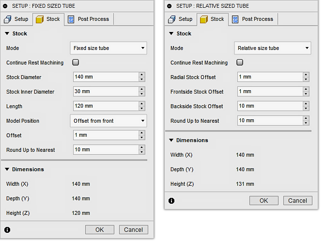 setup dialog stock tab - tube stock options