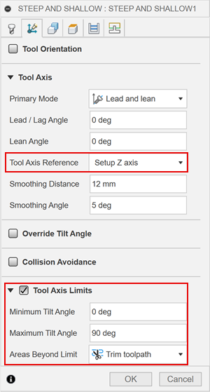 Steep and shallow dialog tool axis limits