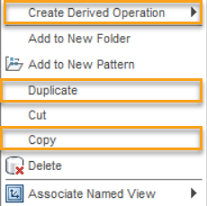 right mouse button menu when clicking on any toolpath that shows duplicate and copy and derived operations