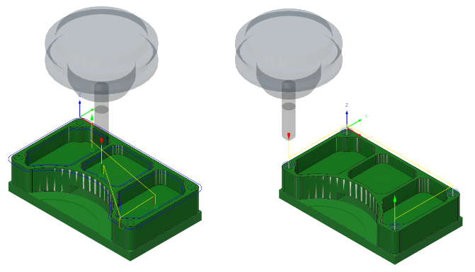 2D Contour toolpath applied the chamfers on the top surface of the part (left). Drill toolpath applied at the conical faces of the four countersink holes (right)