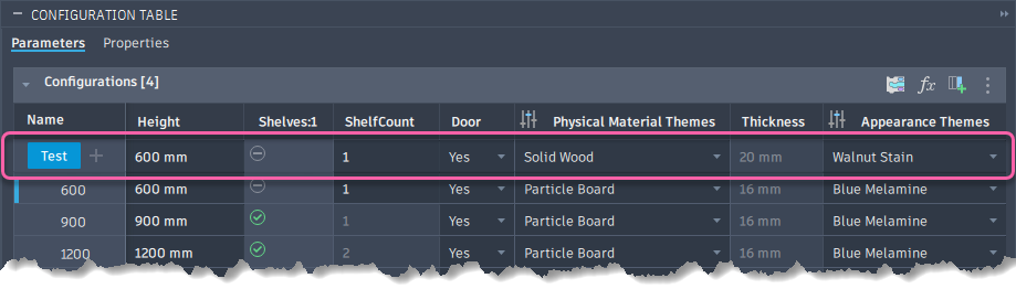test row in configuration table