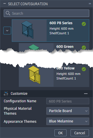 select configuration dialog - customize section