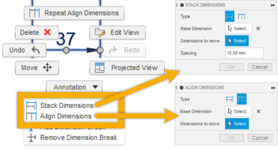 stack and align dimensions dialogs