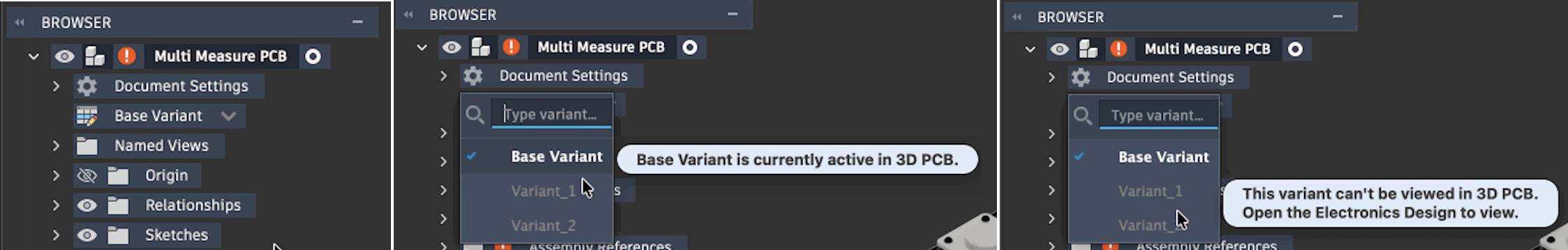 Base Variant node in the 3D PCB browser tree