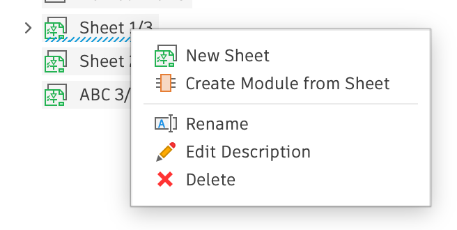 Browser sheet node context menu