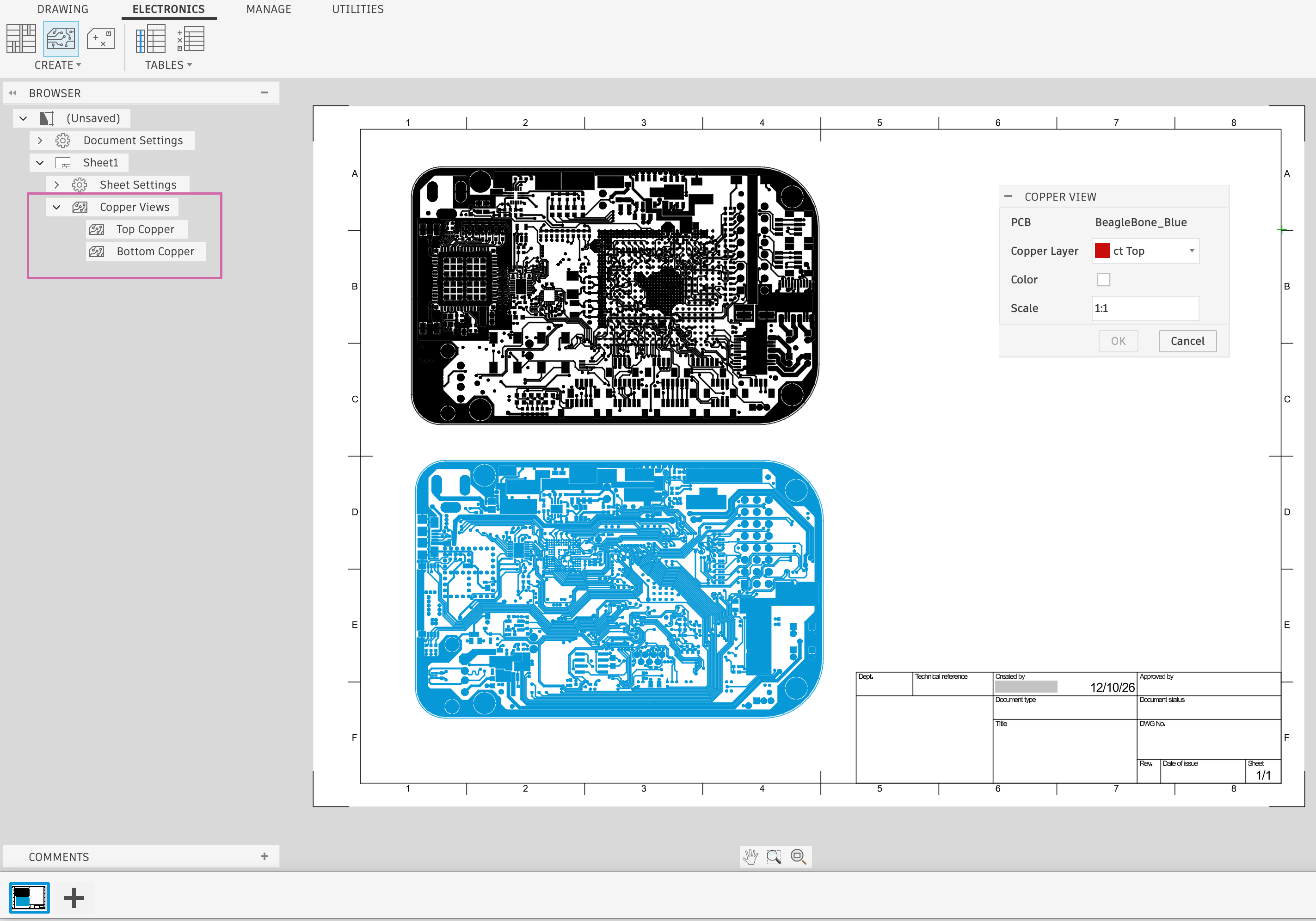 Top and bottom copper views on a drawing sheet with the Copper View dialog