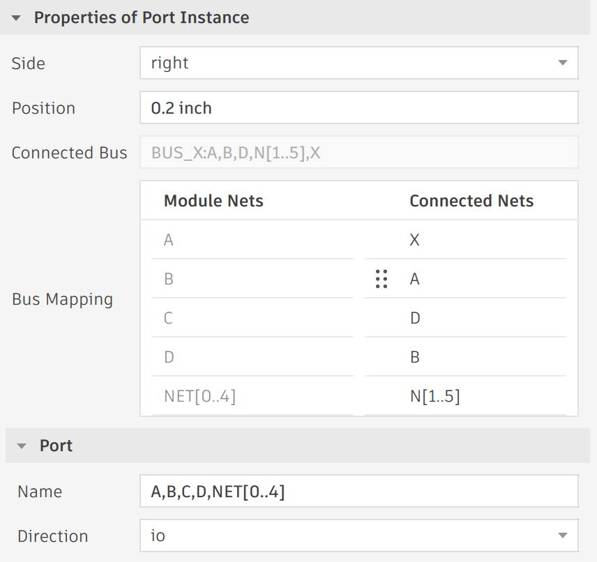 Bus Mapping table in the Inspector panel