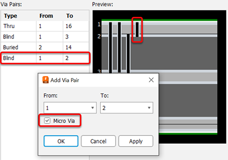 Micro vias and preview