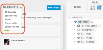 projects drop-down