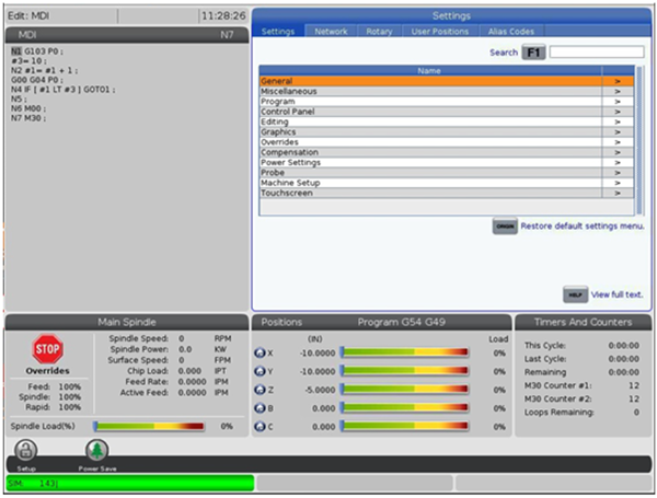 haas NGC controller settings screen