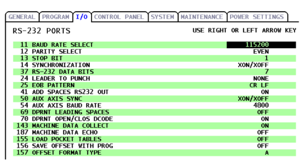 haas classic screen shows I/O setting page