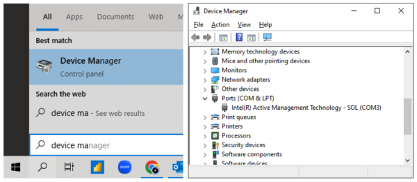 windows device manager shows COM port list
