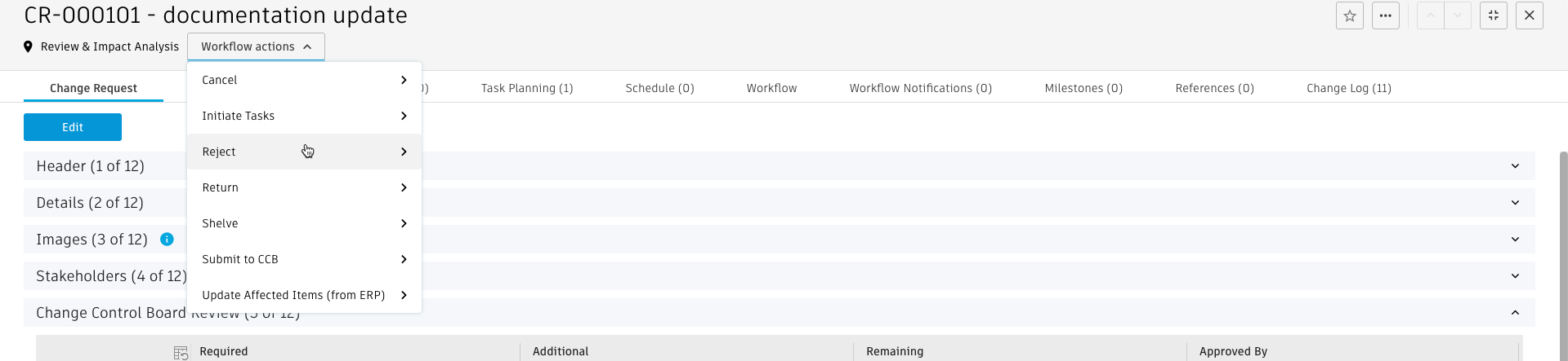 workflow menu reject change request